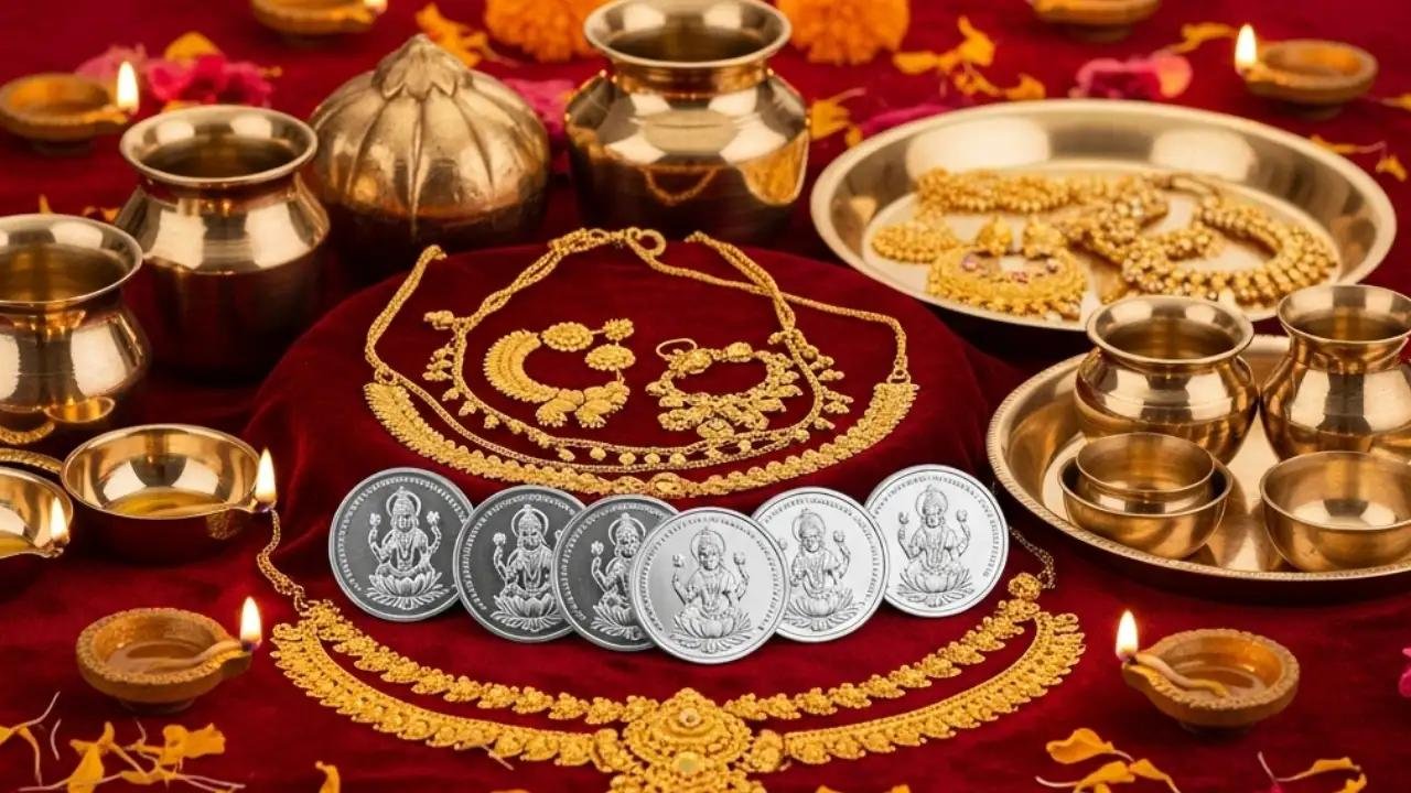Dhanteras 2026 shopping with gold silver coins and traditional utensils